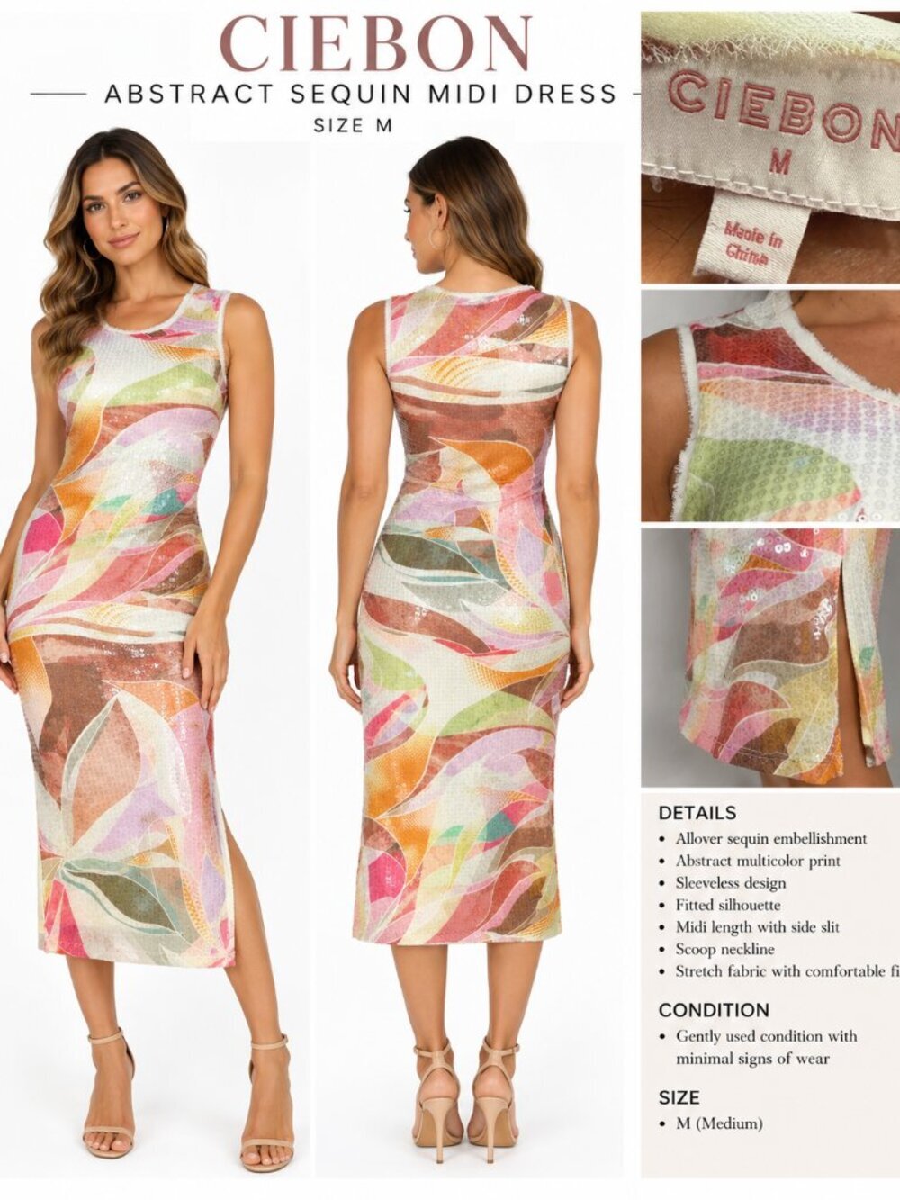CIEBON MULTICOLOR ABSTRACT SEQUIN MIDI DRESS SIZE M